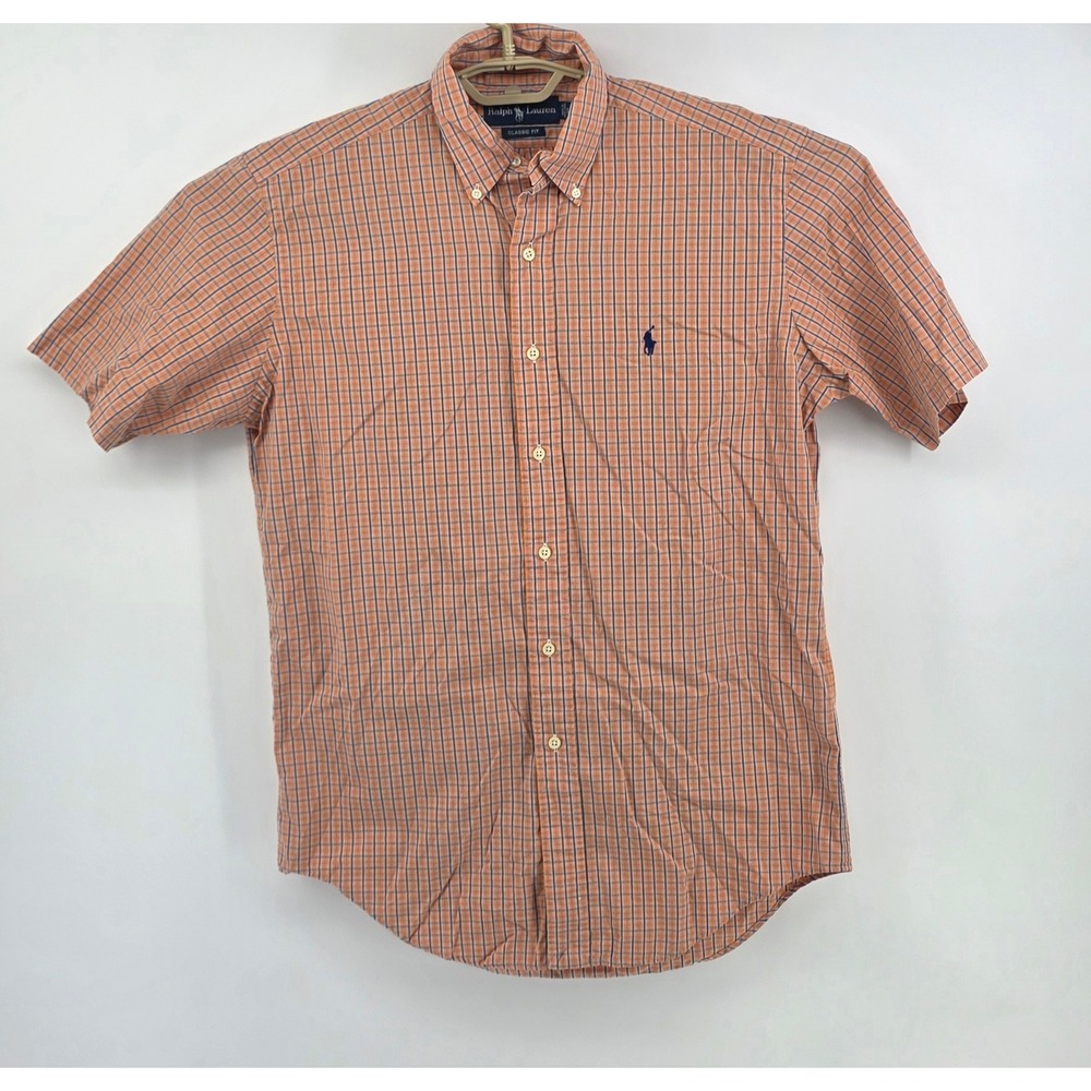 Ralph Lauren Mens Size Small Short Sleeve Plaid Button Down Shirt‎ Orange Blue